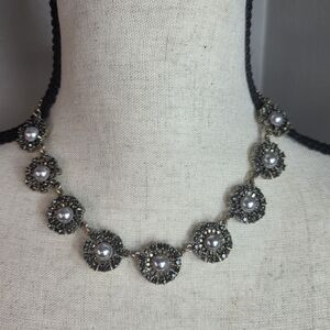 ruff-skch necklace earring set faux pearl rhinestone halo gold tone round